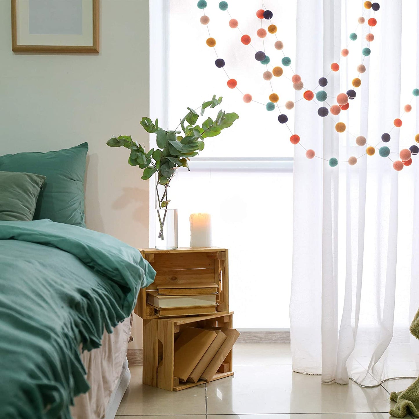 New!  Pom Pom Garland - Neutral Colors - 12 Feet Long