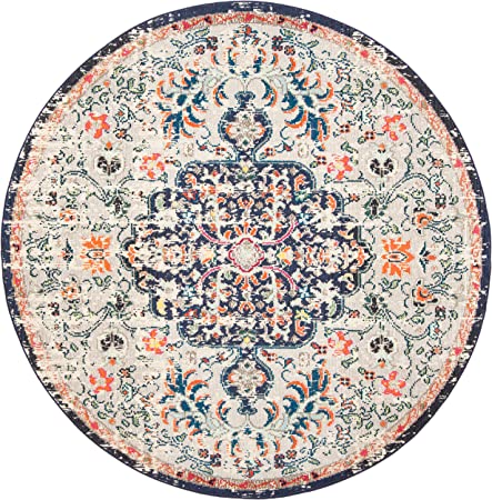 5' x 5' Round Beige/Black Boho Medallion Distressed Area Rug