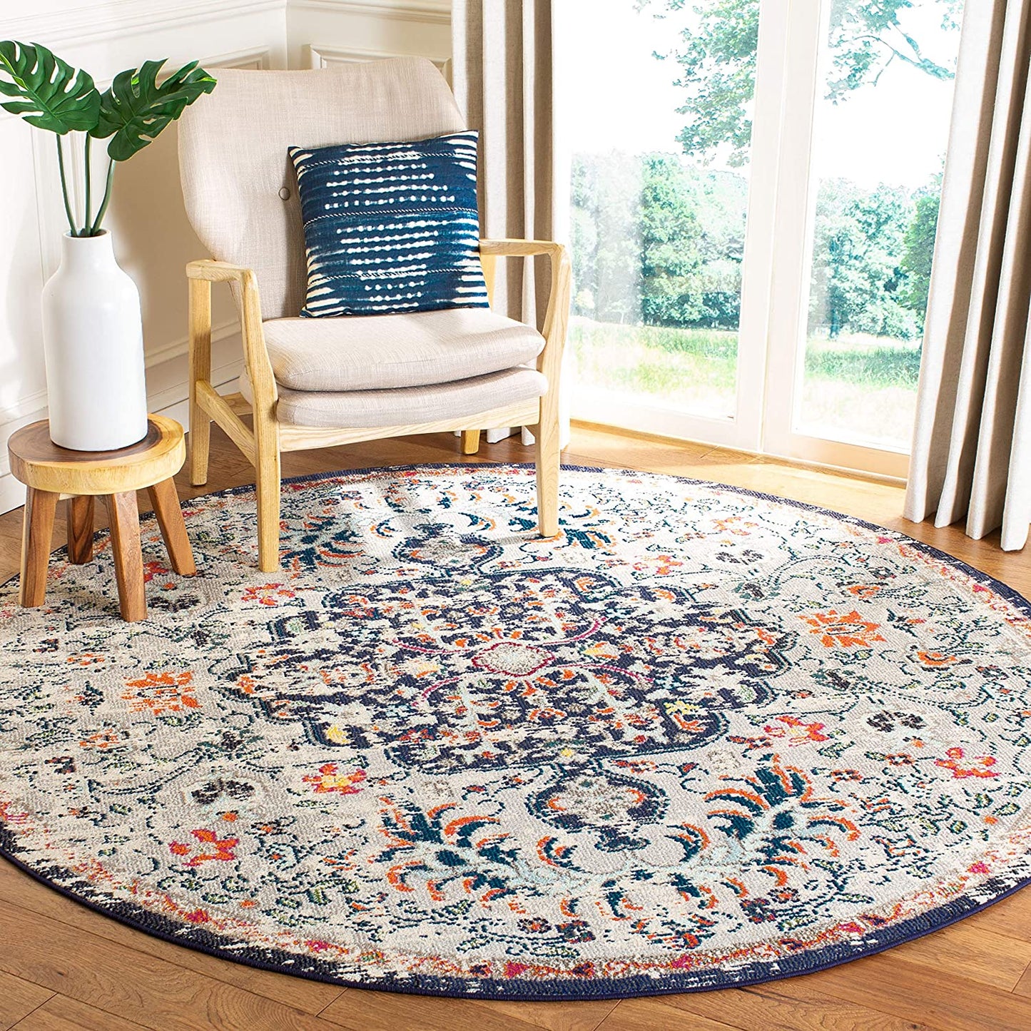 3' x 3' Round Beige/Black Boho Medallion Distressed Area Rug