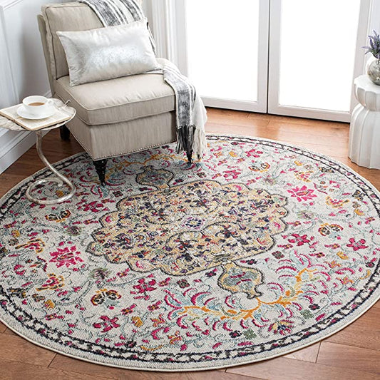 3' x 3' Round Beige/Black Boho Medallion Distressed Area Rug
