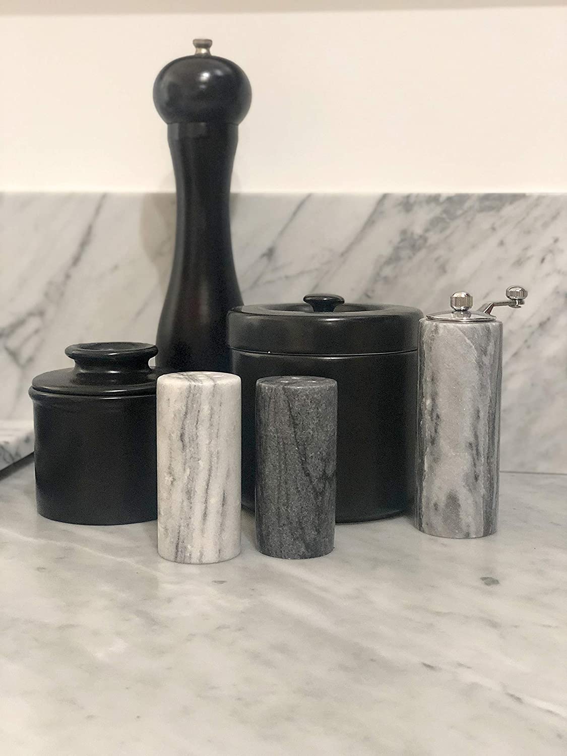 White and Black Marble Salt and Pepper Shaker Set, Set of 2